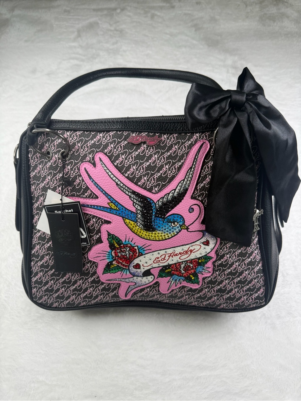 Ed Hardy Black & Pink Swallow Satchel with Bow Accent